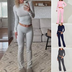 Diyun European and American Women's Clothing Amazon Cross-border 2024 Spring/Summer Export Casual Solid Color Slim Long-sleeved Knitted Pants Set
